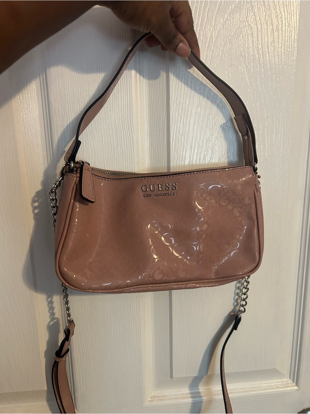 GUESS Patent Shoulder Bag in Dusty Pink